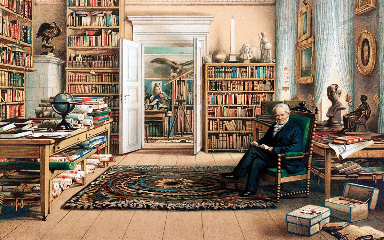 Alexandras von Humboldtas savo bibliotekoje, Eduard Hildebrandt piešinys 1856 m.